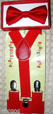 Red Kid's Boys Girls Y-Back Adjustable Bow Tie&Red Cherries Black suspenders