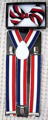 1 1/2" US Flag Patriotic Red White Blue Stripes Suspenders&matching Bow Tie-New