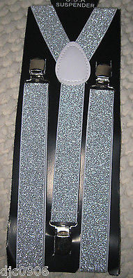 Silver Sequin Pre-Tied Neck tie & Silver Glittered Suspenders Combo Set-New