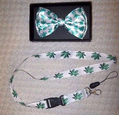 Green Marjuana MJ Weed Leaves Bow Tie & Lanyard ID Holder Combo-New in Package!