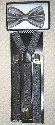 GRAY SILVER SEQUIN PATTERN  ADJUSTABLE  BOW TIE + SILVER GLITTER SUSPENDERS SET