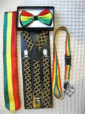 Rasta Stripes NeckTie &  Rasta Stripes with MJ Marijuana Leaves Suspenders-New