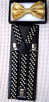 Gold Adjustable Bow Tie & Gold Stars 1" Adjustable Y-Back Suspenders Set-New!