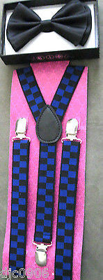 Solid Black Adjustable Bow tie & Navy Blue Black Checkered Suspenders Combo-New!