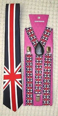 UK British Flag Adjustable Y-Back Suspenders and UK British Skinny Neck Tie-A4