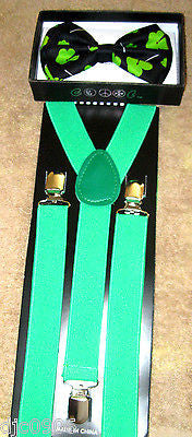 Green 4 Leaf Clovers Adjustable Bow Tie & Green Adjustable Suspenders Combo-NEW!