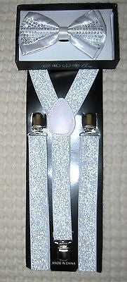 White Sequin Adjustable Bow tie & White Glittered Adjustable Suspenders Combo