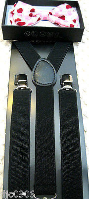 Red Pink Hearts Adjustable Bowtie & Solid Black Adjustable Suspenders Combo-New