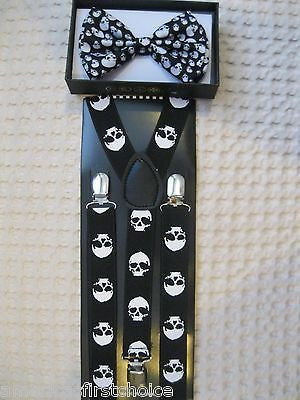 WHITE SKULLS TUXEDO ADJUSTABLE BOW TIE+WHITE SKULLS ADJUSTABLE SUSPENDERS COMBO!