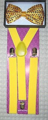 Gold Bronze Sequin Adjustable Bow tie & Gold Yellow Adjustable Suspenders Combo