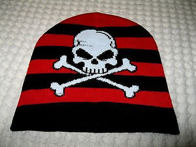 Black & Red Stripes with Skull & Crossbones Winter Ski Hat Cap Beanie-New!