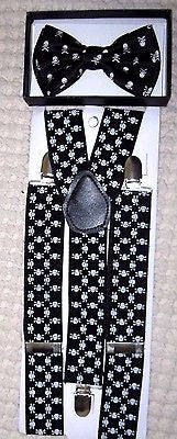 Unisex Skulls&Crossbones Adjustable Bow tie & 1 1/2" WIDE Adjustable Suspenders7