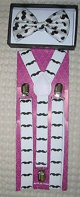 White with Black Mustaches Adjustable Suspenders+White w/ Black Mustache Bow Tie