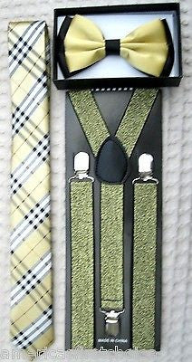 Black Gargoyle Plaid Bow Tie,Black Plaid Necktie&Black Suspenders Combo Set-New!