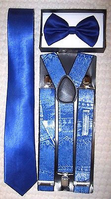 Unisex Solid Blue 3" Necktie & 1 1/2" Wide Blue Jeans Print Suspenders Set!New