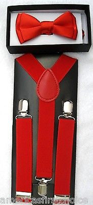 Kids Teens Red Adjustable 2 Layer Bow Tie & Red Adjustable Suspenders Combo-New!