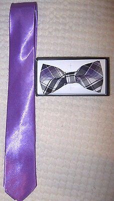 Purple Plaid Adjustable Bow Tie Bowtie & Solid Purple Neck tie Necktie Set-New!