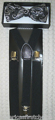 Black Paisley Pattern Adjustable Bow Tie & Black Paisley Y-Back Suspenders-New!