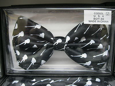 BLACK WITH WHITE GUITARS ADJUSTABLE  BOW TIE-NEW GIFT BOX! GUITAR BOW TIE