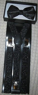Solid Black Diamond Mesh Pattern Bow Tie & Black Glitter Y-Style Back Suspenders