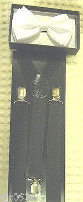 Solid White  Adjustable Bowtie & Solid Brown Adjustable Suspenders Combo-New!
