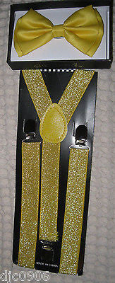 Gold YELLOW Adjustable Bow Tie&Yellow Glittered Adjustable Suspenders Set-New!