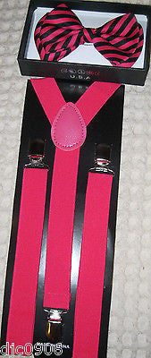 Pink Black Swirl  Adjustable Bowtie & HOT Pink Adjustable Suspenders Combo-New!!