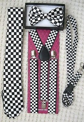 Black&White Checkers Necktie,Lanyard, & 1" Black&White Checkered Suspenders-V1