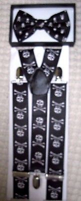 Unisex Skulls&Crossbones Adjustable Bow tie & 1 1/2" WIDE Adjustable Suspenders8