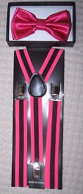 Pink Adjustable Bow tie & Pink  Black Stripes Adjustable Suspenders Combo-New!v2