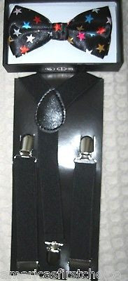 Kids Solid Black Bow Tie & Black Adjustable Suspenders Combo Set-New in Pkg!VR2