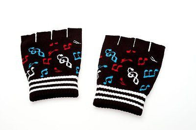 MULTI-COLOR MUSICAL NOTES ON BLACK CUTOFF KNIT FINGERLESS WINTER GLOVES-NEW!