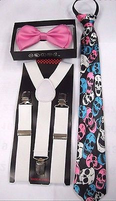 Teen's Pink Adjustable Bow Tie,Multi-Color Skulls Tie & White Y-Back Suspenders