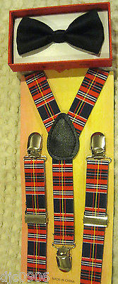 White Kid's Boys Girls Y-Style Back Adjustable Bow Tie&Red Blue Plaid suspenders