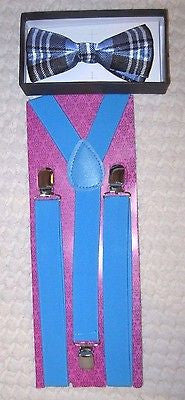 BLUE BLACK PLAID TUXEDO BOW TIE+ BLUE ADJUSTABLE SUSPENDERS COMBO SET-NEW!V2