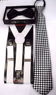 Teen's Black Adjustable Bow Tie,Checkers Diamonds Tie & White Y-Back Suspenders