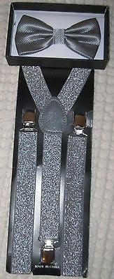 GRAY SILVER SEQUIN PATTERN  ADJUSTABLE  BOW TIE + SILVER GLITTER SUSPENDERS SET