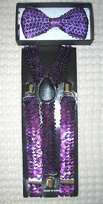 Purple Sequin Bowtie Bow Tie & Purple Sequin Adjustable Suspenders Combo Set-V3