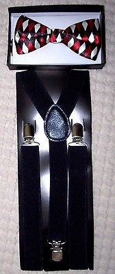 Black Red White Gargoyle Diamonds Adjustable Bow tie and White Suspenders Combo