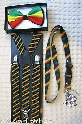 Rasta Stripes NeckTie,Adjustable Suspenders,& Rasta Stripes Lanyard Combo-New!