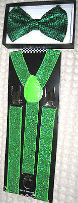 Green Sequin Adjustable Bow Tie&Green Sequin Y-Back Adjustable Suspenders Combo