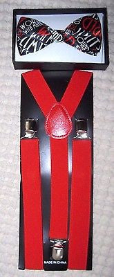 Unisex Red with Black tips Bow Tie and Red Adjustable Suspenders-New in Package!