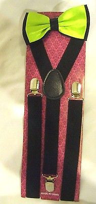 NEON GREEN BLACK TIPS TUXEDO BOW TIE + 1" BLACK ADJUSTABLE SUSPENDERS SET-NEW2