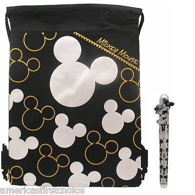 MICKEY MOUSE SILVER & BLACK SHAPES DRAWSTRING BAG BACKPACK+SILVER MICKEY PEN-NEW