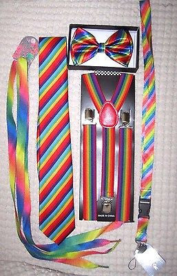 Men's Rainbow Stripes Adjustable Neck Tie & Rainbow Adjustable Y-Back Suspenders