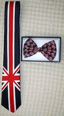 UK British Flag Skinny Neck Tie & UK British Adjustable Bow Tie Combo-A10