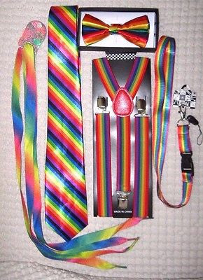 Men's Rainbow Stripes Adjustable Bow tie,Neck Tie,Suspenders,Lanyard,Shoelaces18