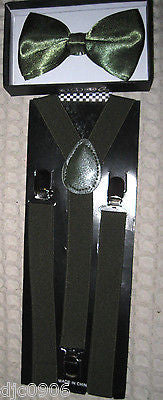 Shiny Dark Green Adjustable Bow Tie & Dark Green Adjustable Suspenders Set-New!