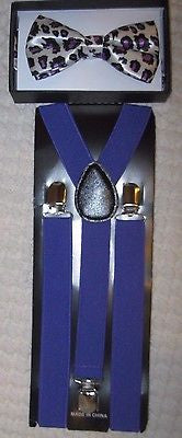 Purple Leopard Cheetah Print Bow tie & Purple Y-Back Adjustable Suspenders Combo