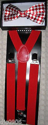 Red White Checker Adjustable Bow tie & Red Adjustable Suspenders Combo-New Pkge!